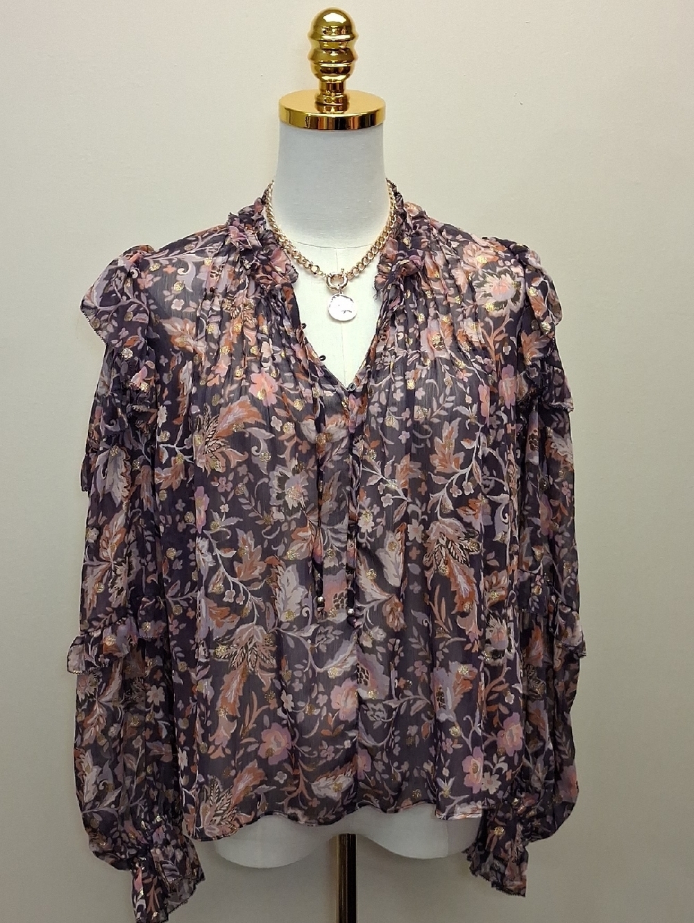 Floral Ruffle Tie-Neck Blouse - Purple Floral